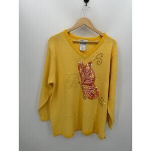 The Quacker Factory Sweater Women Yellow Butterfly Sequin Artsy Pullover Sz 1X